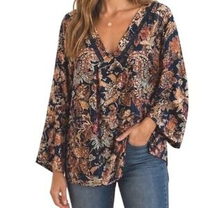 Avenue Sz 14-16 Brown Black NWOT Lightweight Blouse Bell Sleeve V-Neck Top